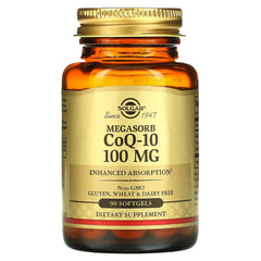 Solgar Megasorb CoQ-10 packaging box showcasing non-GMO gluten-free dairy-free
