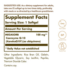 Solgar Megasorb CoQ-10 softgels closeup highlighting oil-based formula