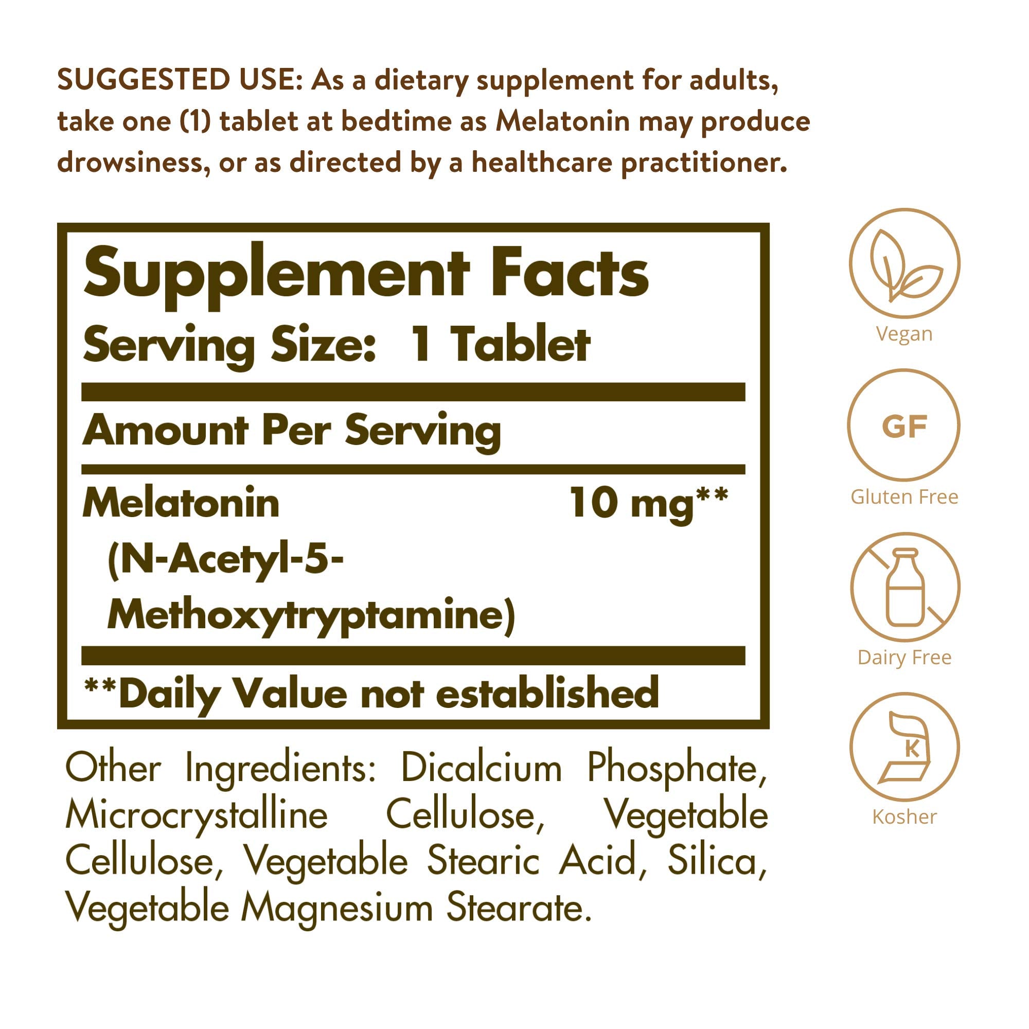 Solgar Melatonin 10 mg bottle back label showing dosage details