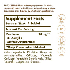 Solgar Melatonin 10 mg bottle back label showing dosage details