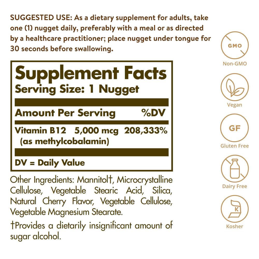 Solgar Methylcobalamin cherry nuggets on surface show easy, sublingual use for quick absorption.