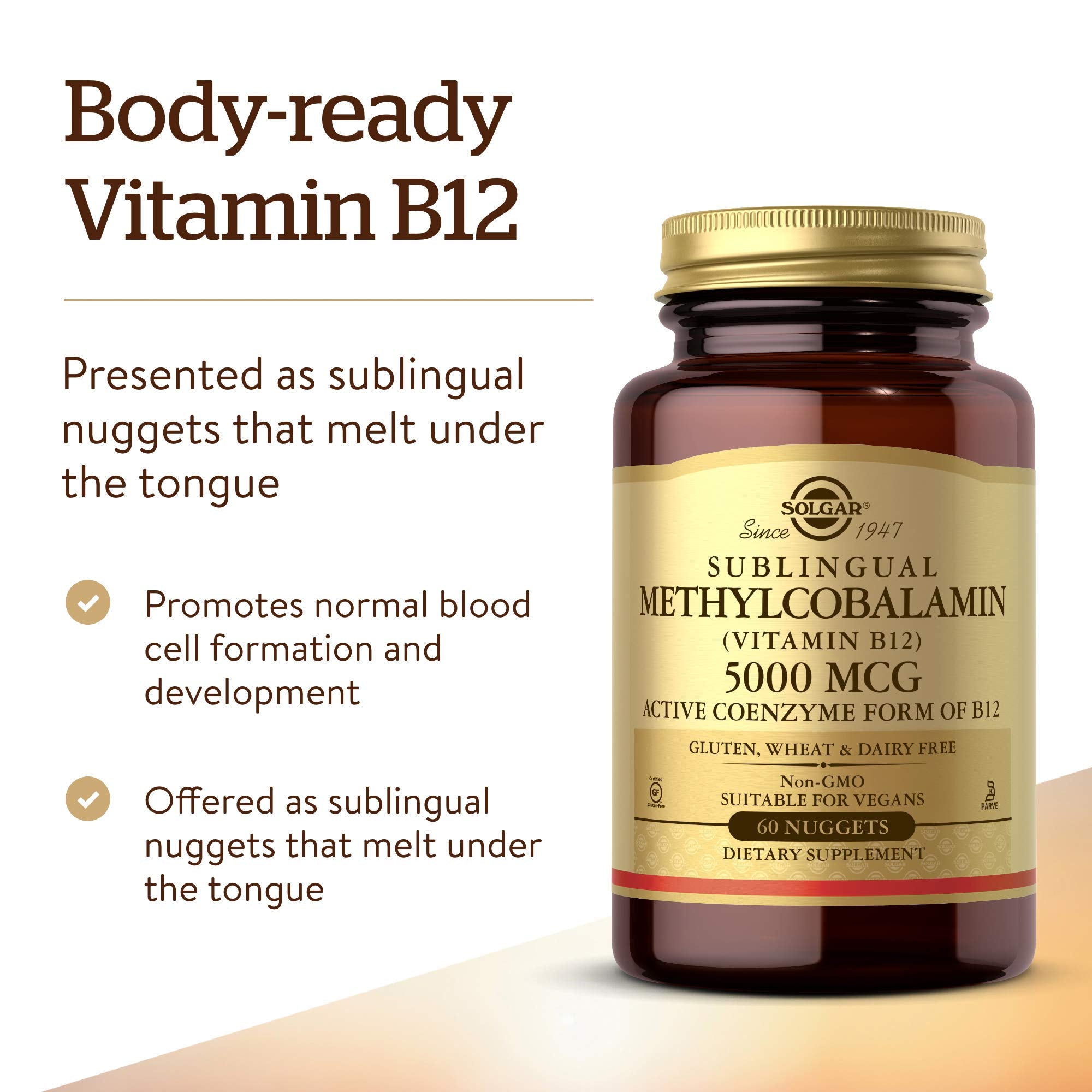 Solgar Methylcobalamin nuggets melt under the tongue for convenient on-the-go wellness.