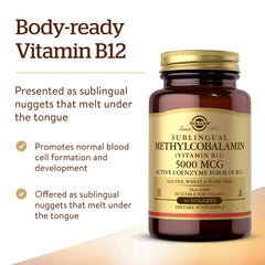 Solgar Methylcobalamin nuggets melt under the tongue for convenient on-the-go wellness.