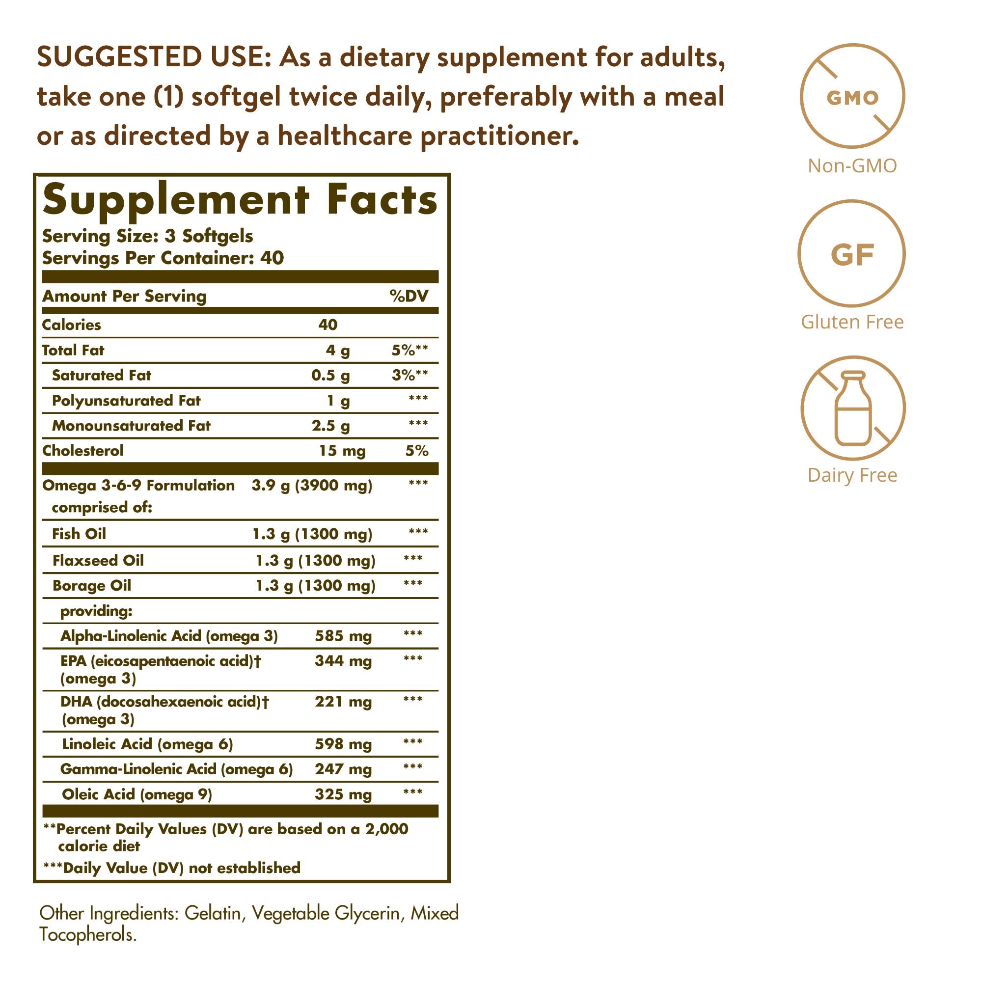 Solgar omega-3-6-9 softgels closeup on bottle, illustrating triple-oil blend