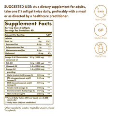 Solgar omega-3-6-9 softgels closeup on bottle, illustrating triple-oil blend