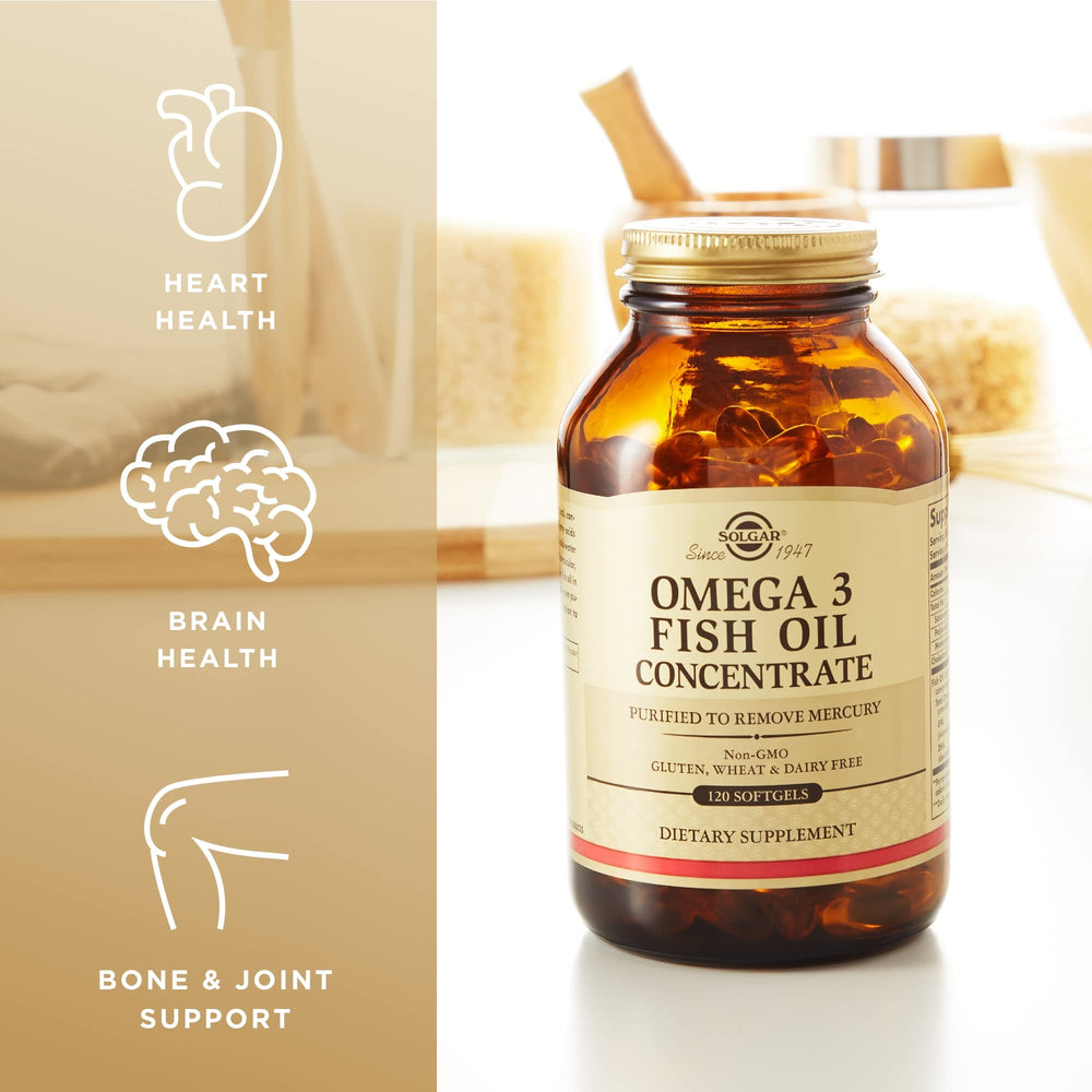 Solgar Omega 3 bottle side view highlighting packaging design.