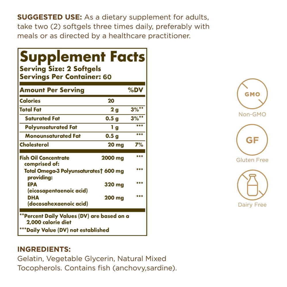 Solgar Omega 3 label close-up highlighting softgel content.