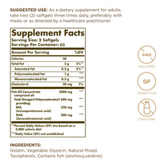Solgar Omega 3 label close-up highlighting softgel content.