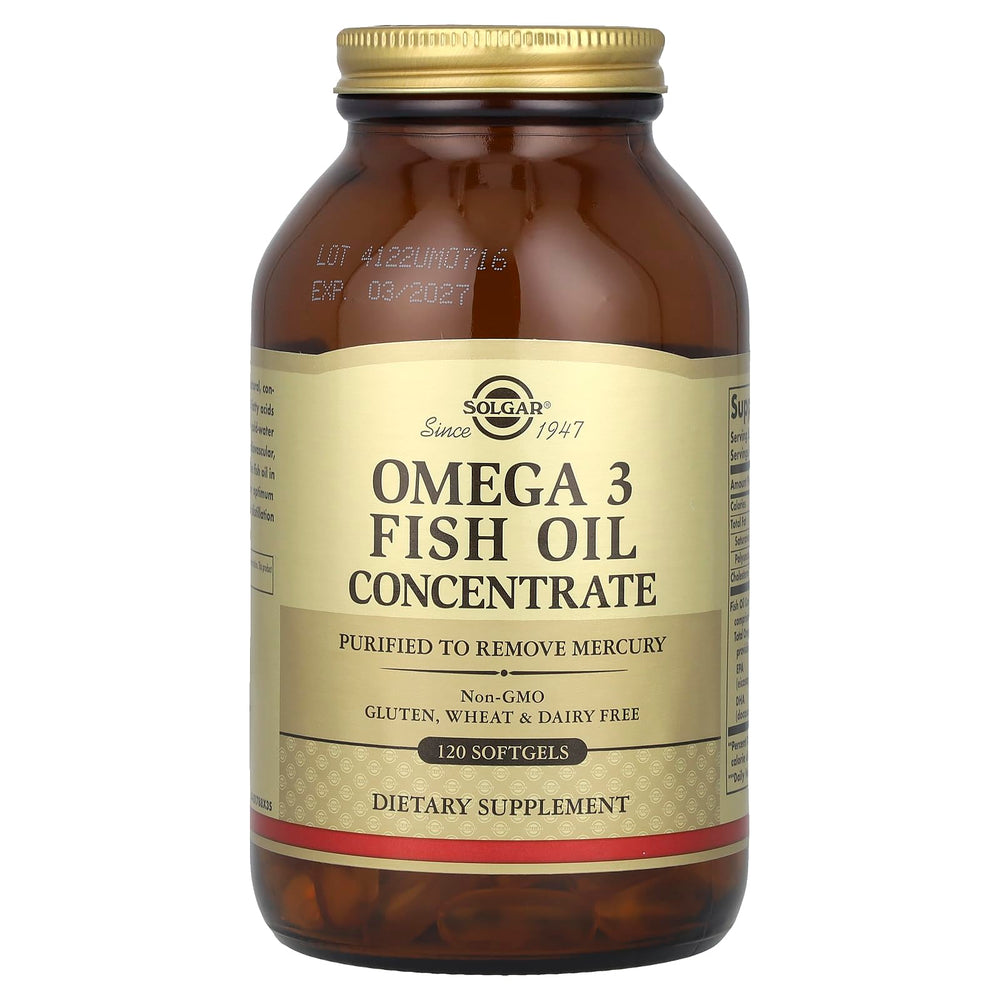 Solgar Omega 3 softgels beside a breakfast plate for daily use.