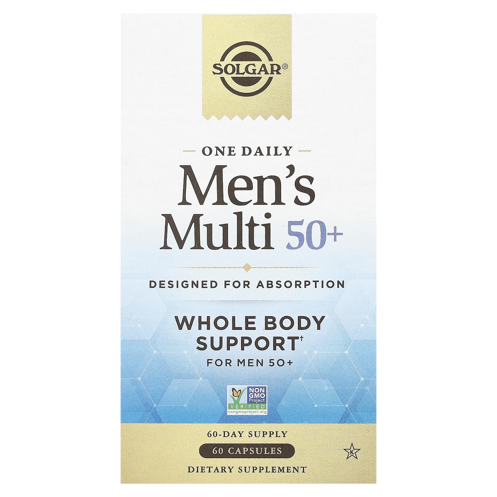 Solgar One Daily Men's Multi 50+ bottle front highlighting vegan formula for daily energy support