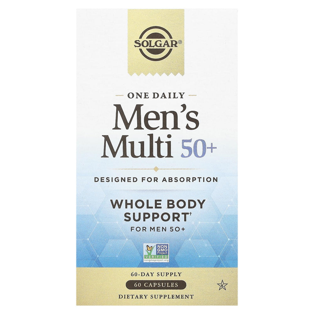 Solgar One Daily Men's Multi 50+ bottle front highlighting vegan formula for daily energy support