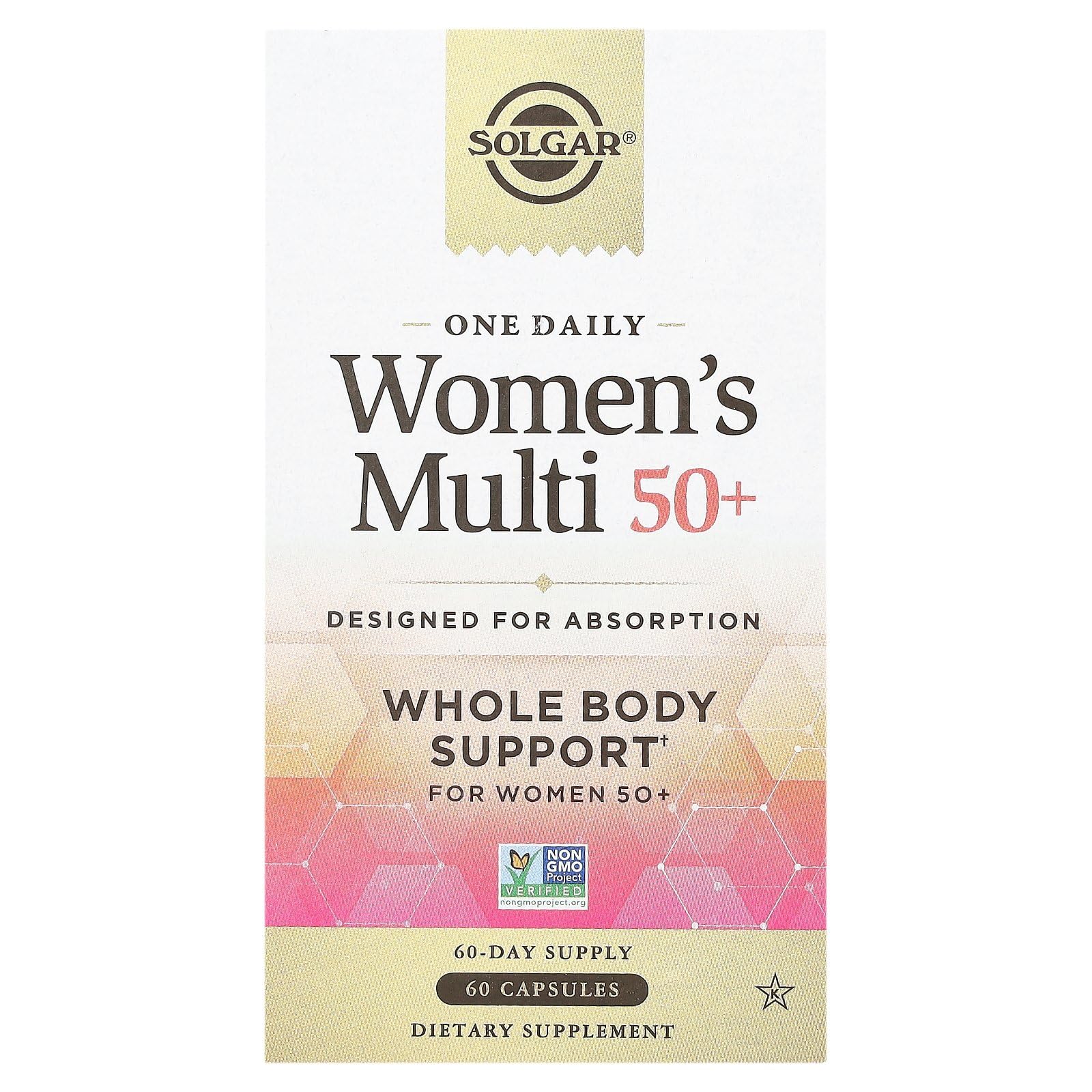 Solgar One Daily Women's Multi 50+ bottle supports heart and bone health with highly absorbable nutrients.