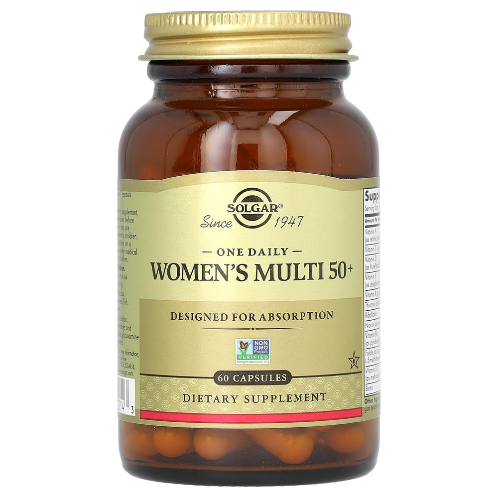 Solgar One Daily Women's Multi 50+ box packaging emphasizes vegan, allergen-free nutrition for women over 50.