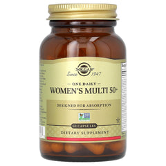 Solgar One Daily Women's Multi 50+ box packaging emphasizes vegan, allergen-free nutrition for women over 50.