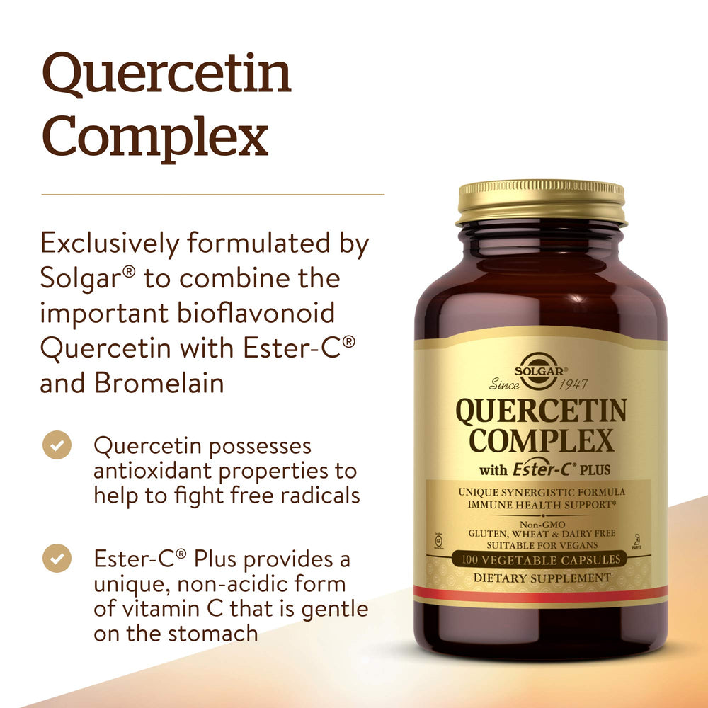 Solgar Quercetin Complex bottle-label shot notes non-GMO and dairy-free formula.