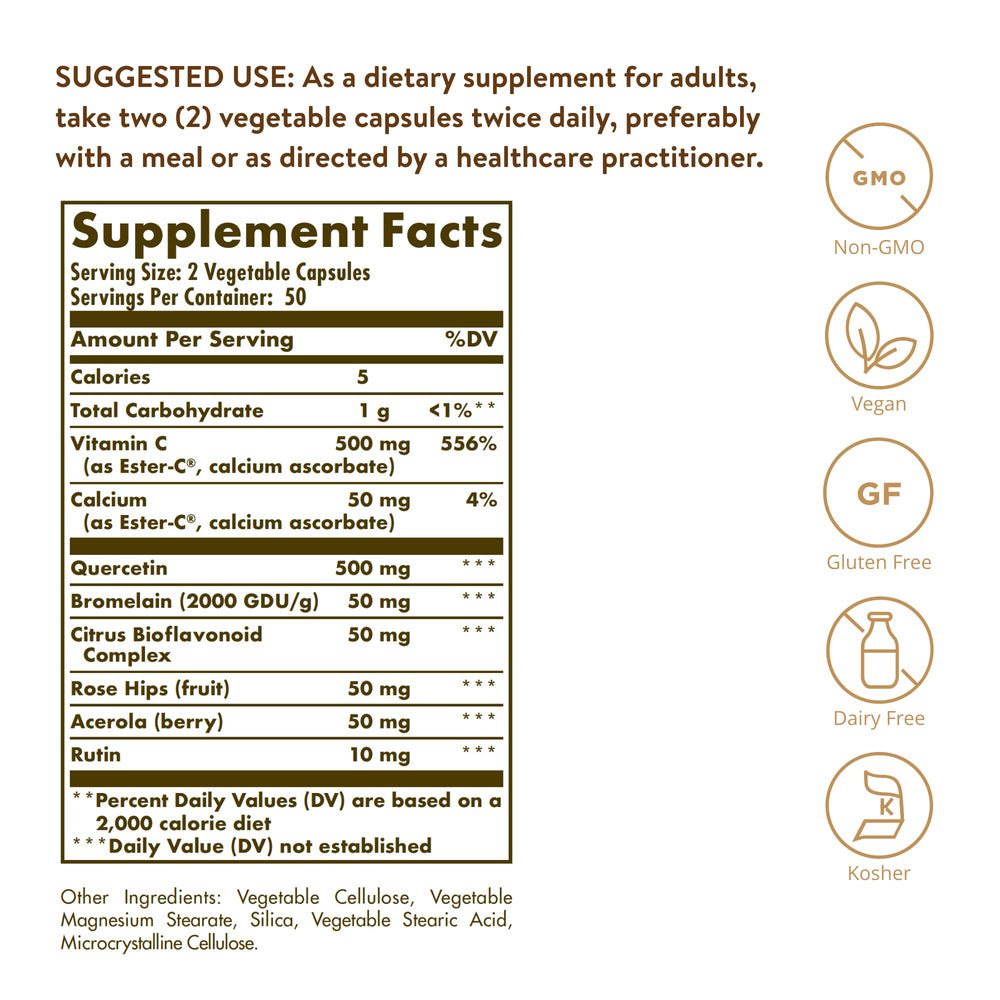 Solgar Quercetin Complex capsules-close-up emphasizes vegan formula and Ester-C Plus.