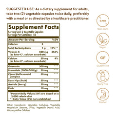 Solgar Quercetin Complex capsules-close-up emphasizes vegan formula and Ester-C Plus.