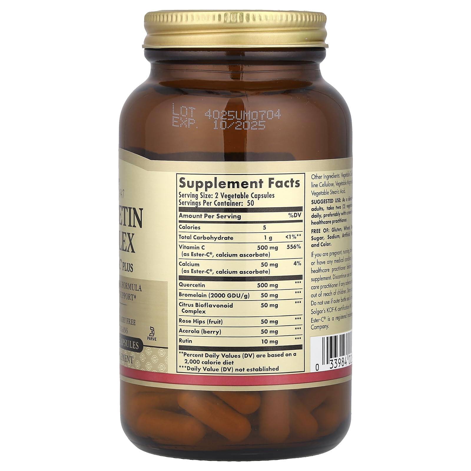 Solgar Quercetin Complex capsules-pour illustrates easy daily use and 50 servings.