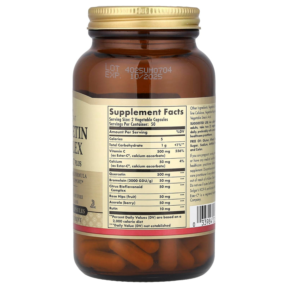 Solgar Quercetin Complex capsules-pour illustrates easy daily use and 50 servings.