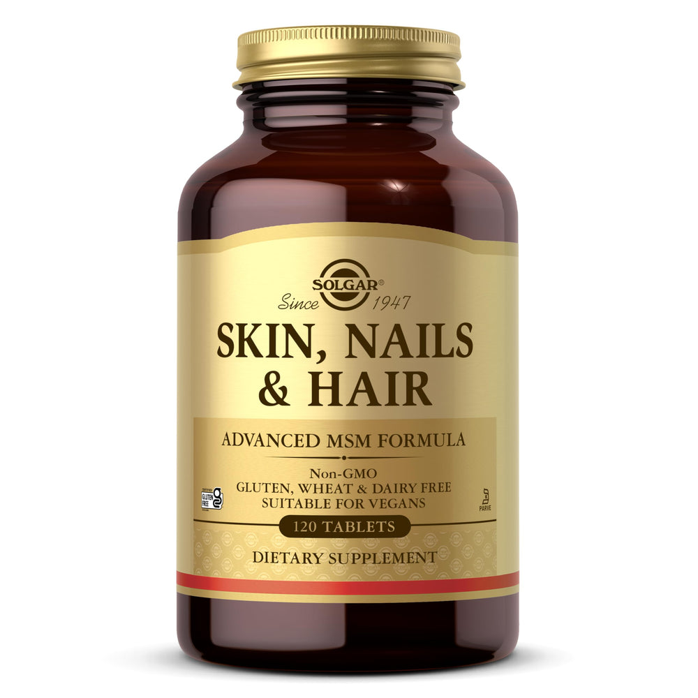 Solgar Skin, Nails & Hair Advanced MSM bottle – tablets for daily beauty support.