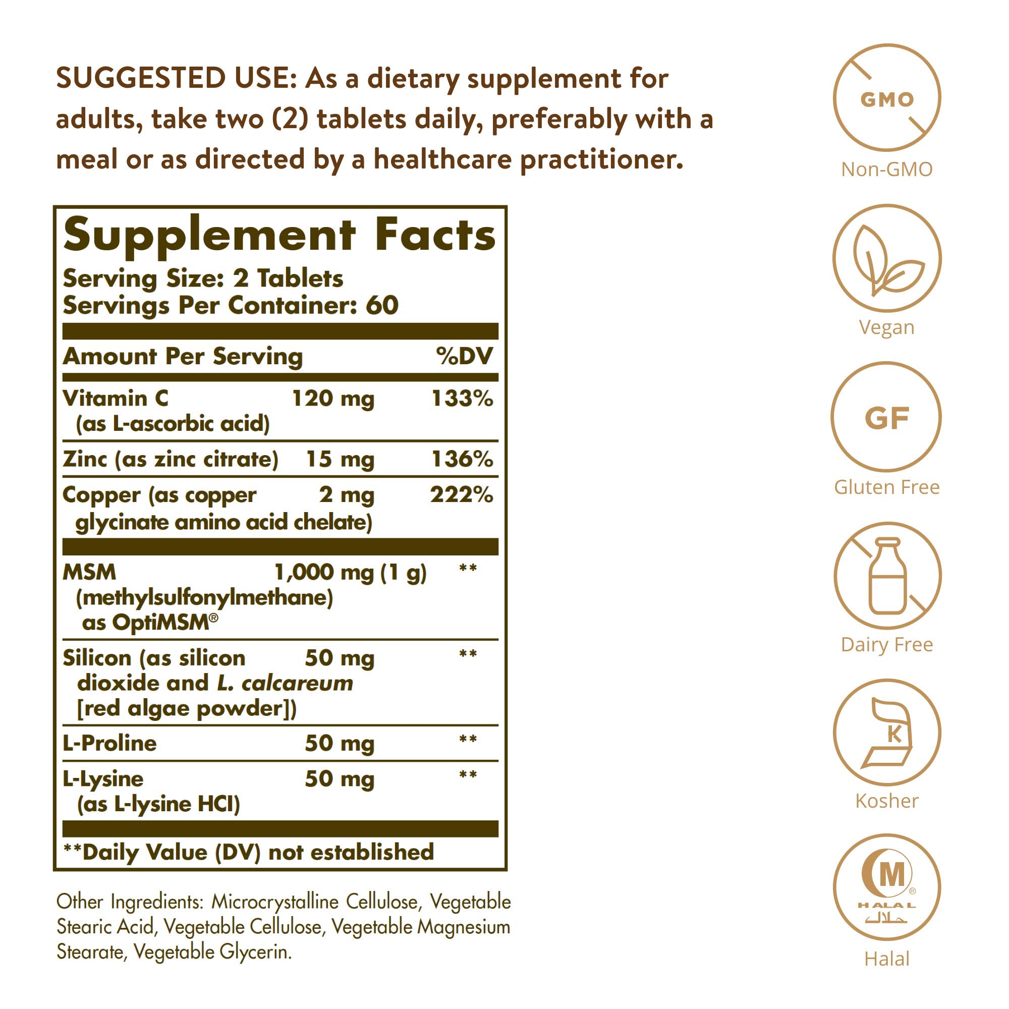 Solgar Skin, Nails & Hair MSM tablets closeup – mineral blend for collagen support.