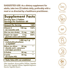 Solgar Skin, Nails & Hair MSM tablets closeup – mineral blend for collagen support.