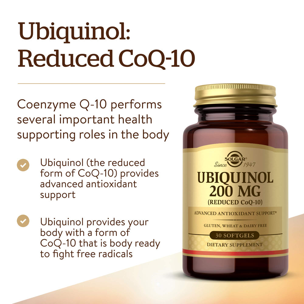 Solgar ubiquinol 200 mg label close-up showing gluten-free and dairy-free features.