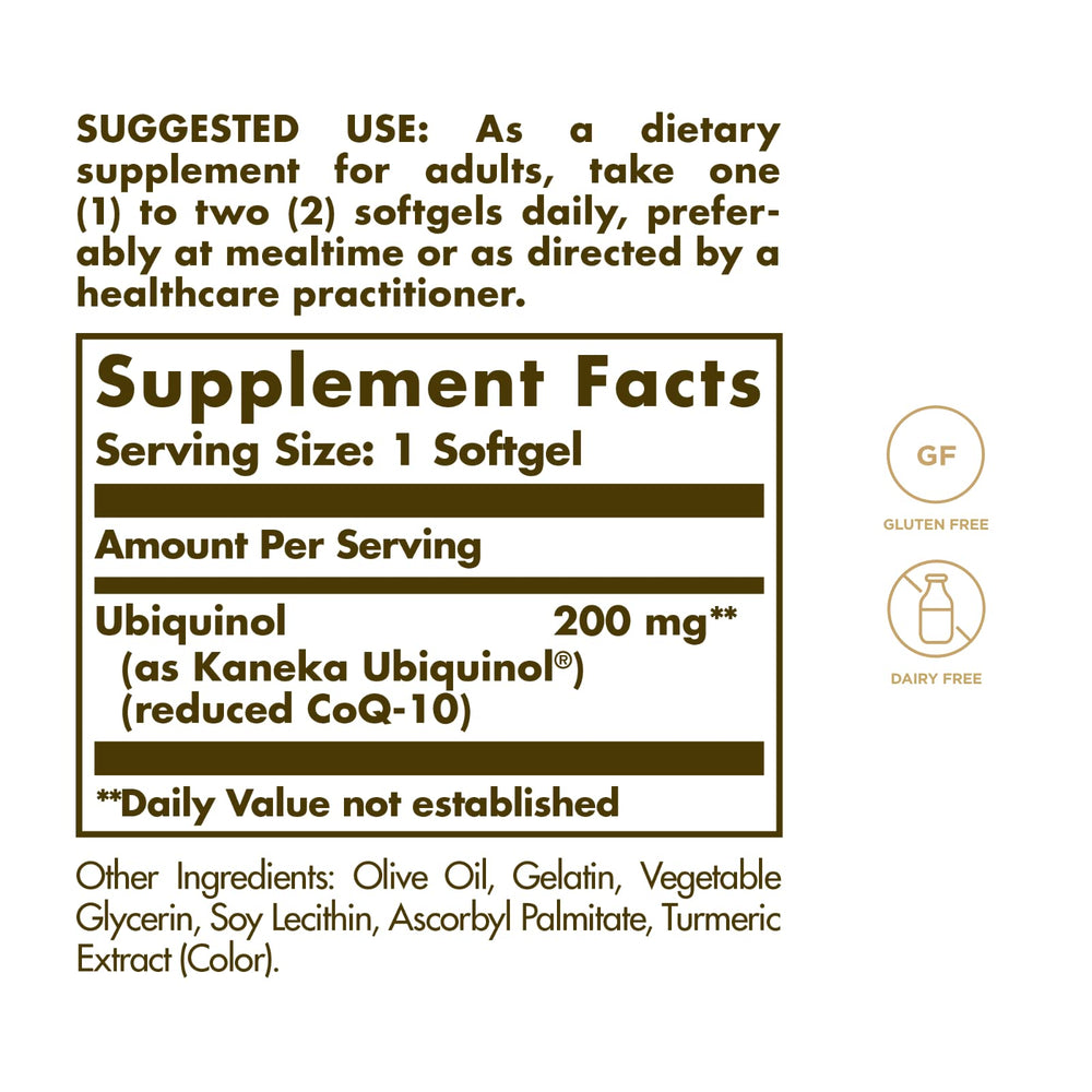 Close-up of Solgar ubiquinol softgels highlighting oil-based capsules.