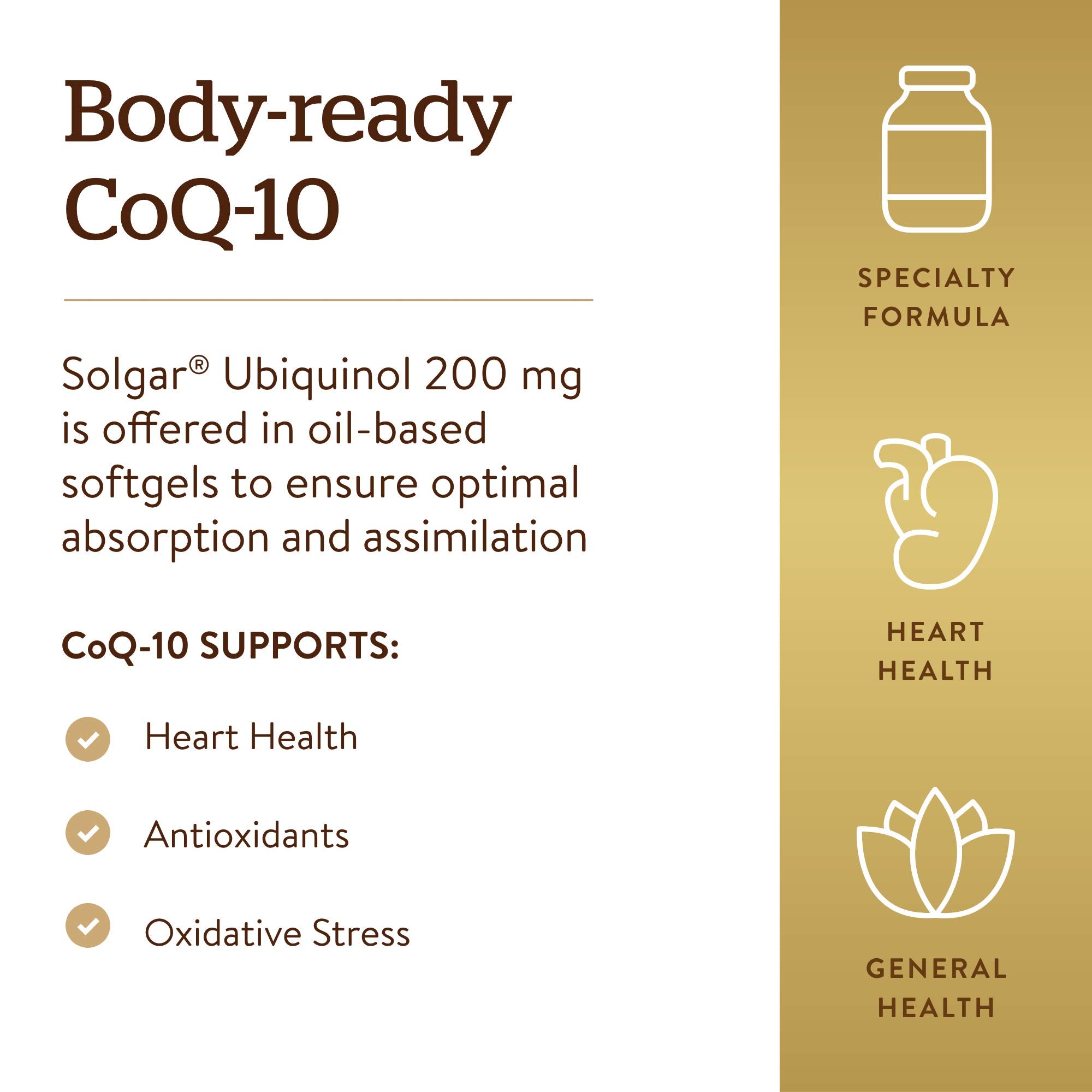 Solgar ubiquinol bottle label emphasizes gluten-free and dairy-free formulation.
