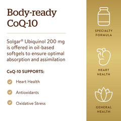 Solgar ubiquinol bottle label emphasizes gluten-free and dairy-free formulation.