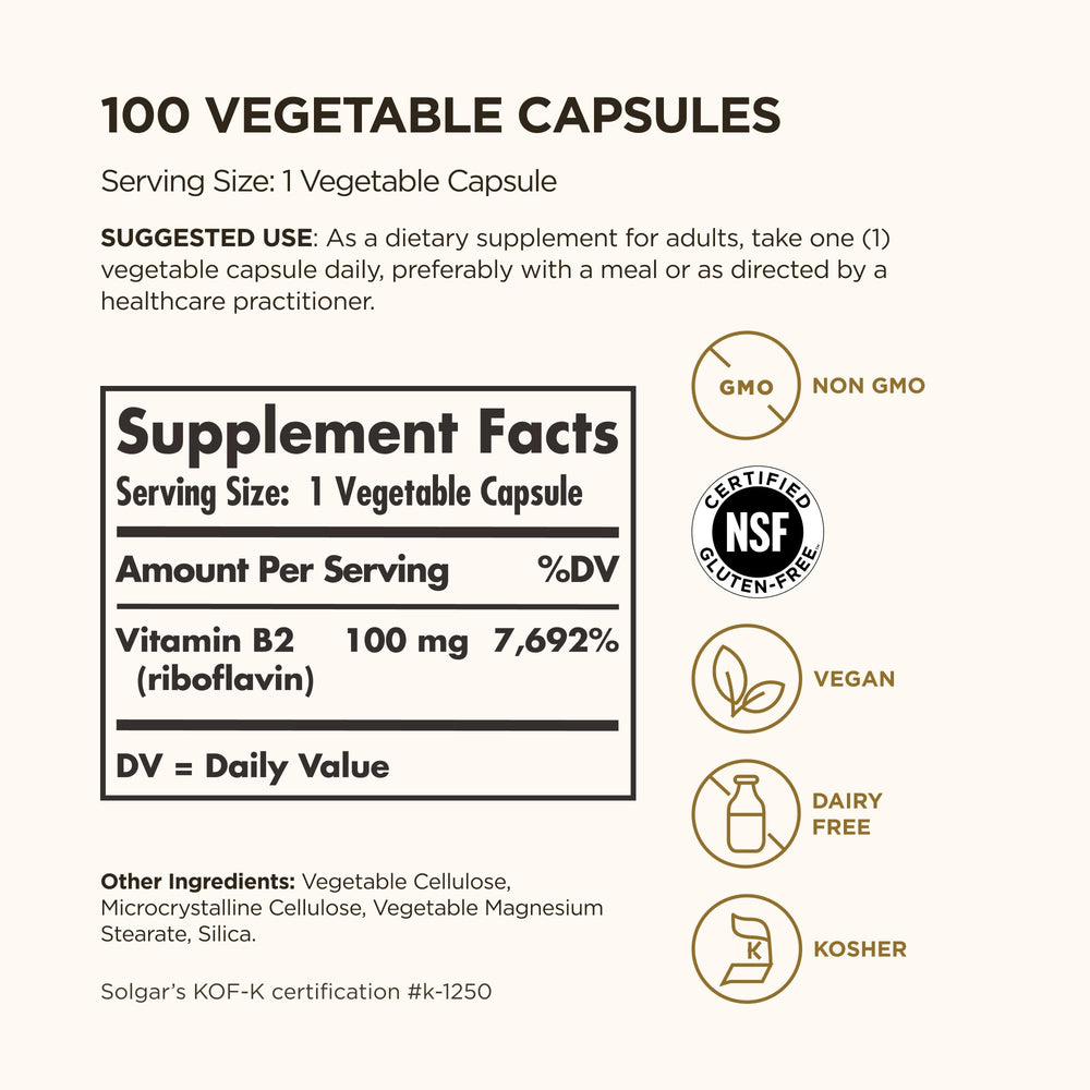 Solgar Vitamin B2 capsules on white background shown with nervous system support