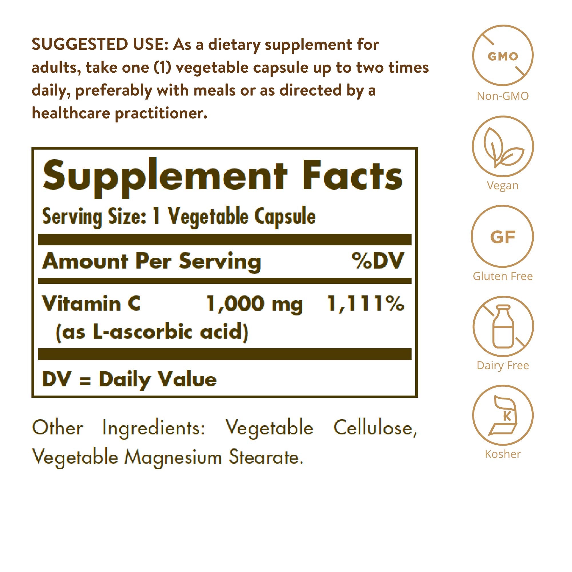 Solgar Vitamin C 1000 mg bottle back shows supplement facts and ingredients.