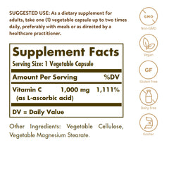 Solgar Vitamin C 1000 mg capsules close-up highlighting antioxidant benefits.