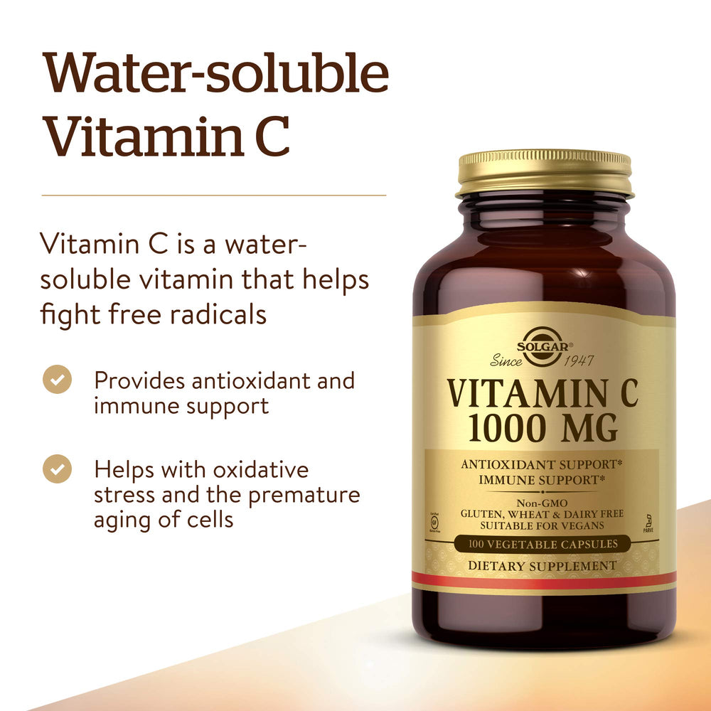 Solgar Vitamin C 1000 mg capsules ready to swallow.