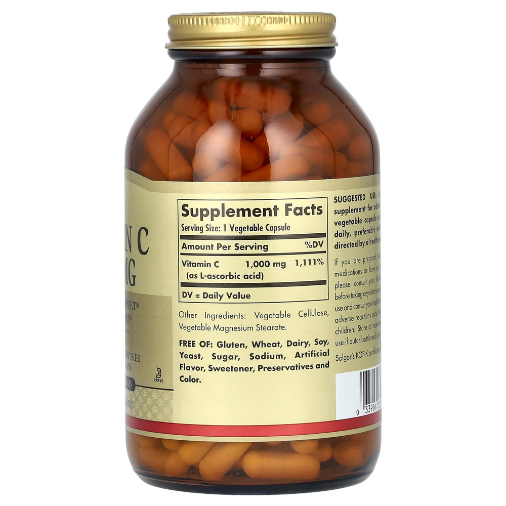 Solgar Vitamin C 1000 mg dispensing capsules ready for daily use.