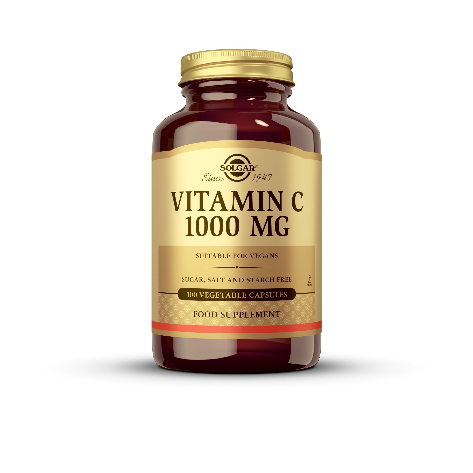 Solgar Vitamin C 1000 mg label closeup highlights certifications.