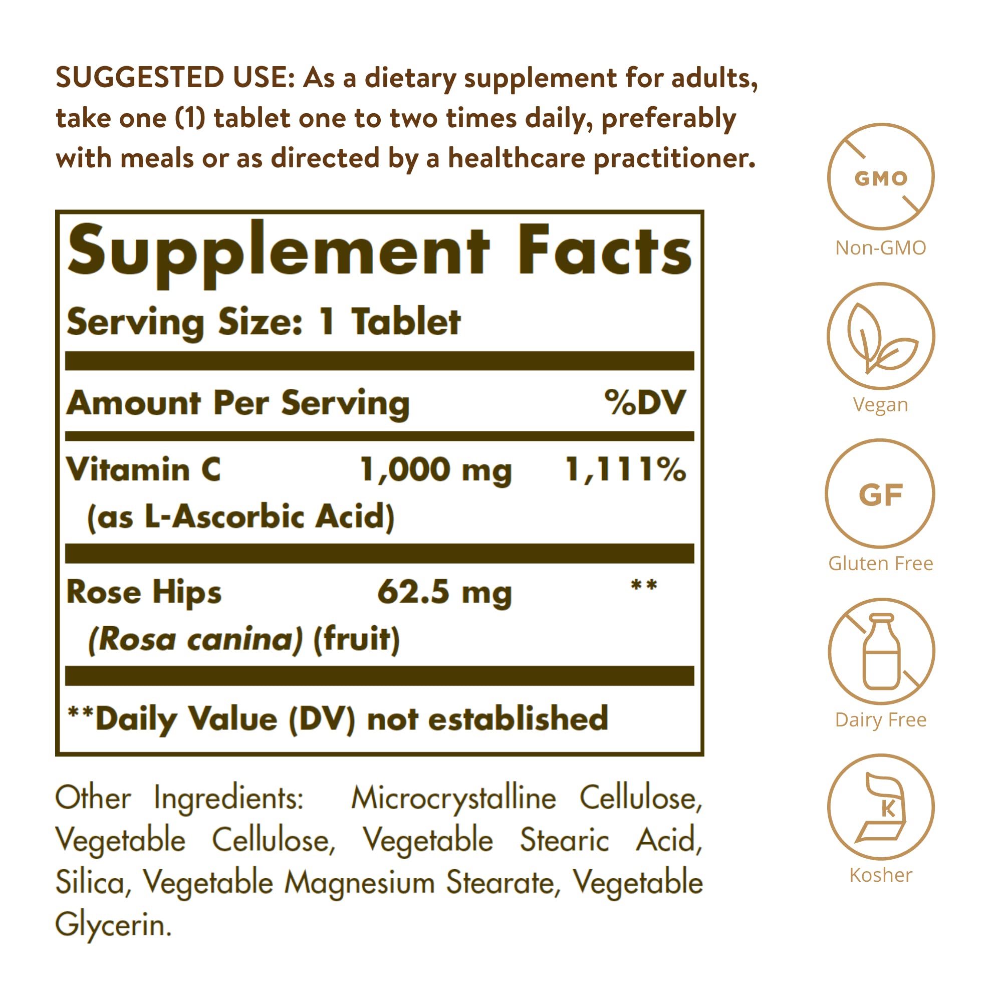 Solgar Vitamin C 1000 mg with Rose Hips bottle label highlighting ingredients and vegan formula
