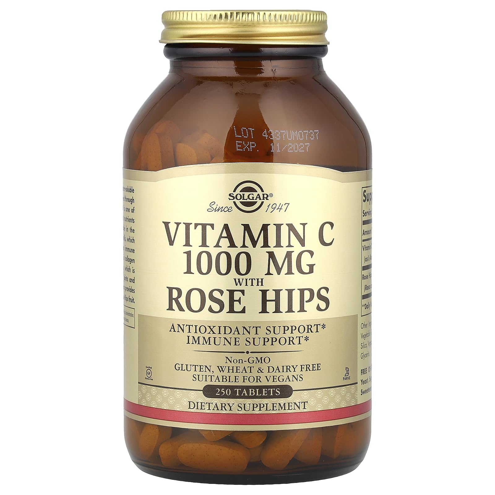 Solgar Vitamin C 1000 mg with Rose Hips bottle pour demonstrates easy dosing