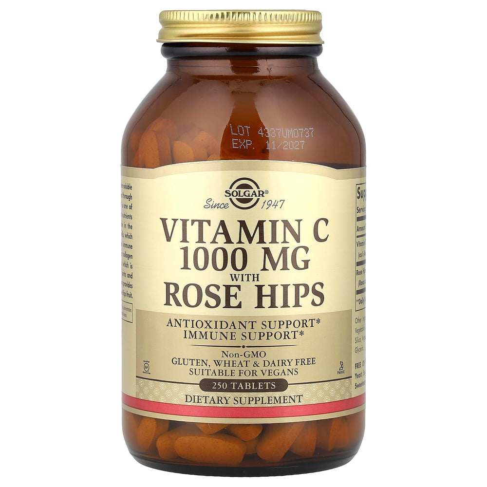 Solgar Vitamin C 1000 mg with Rose Hips bottle pour demonstrates easy dosing