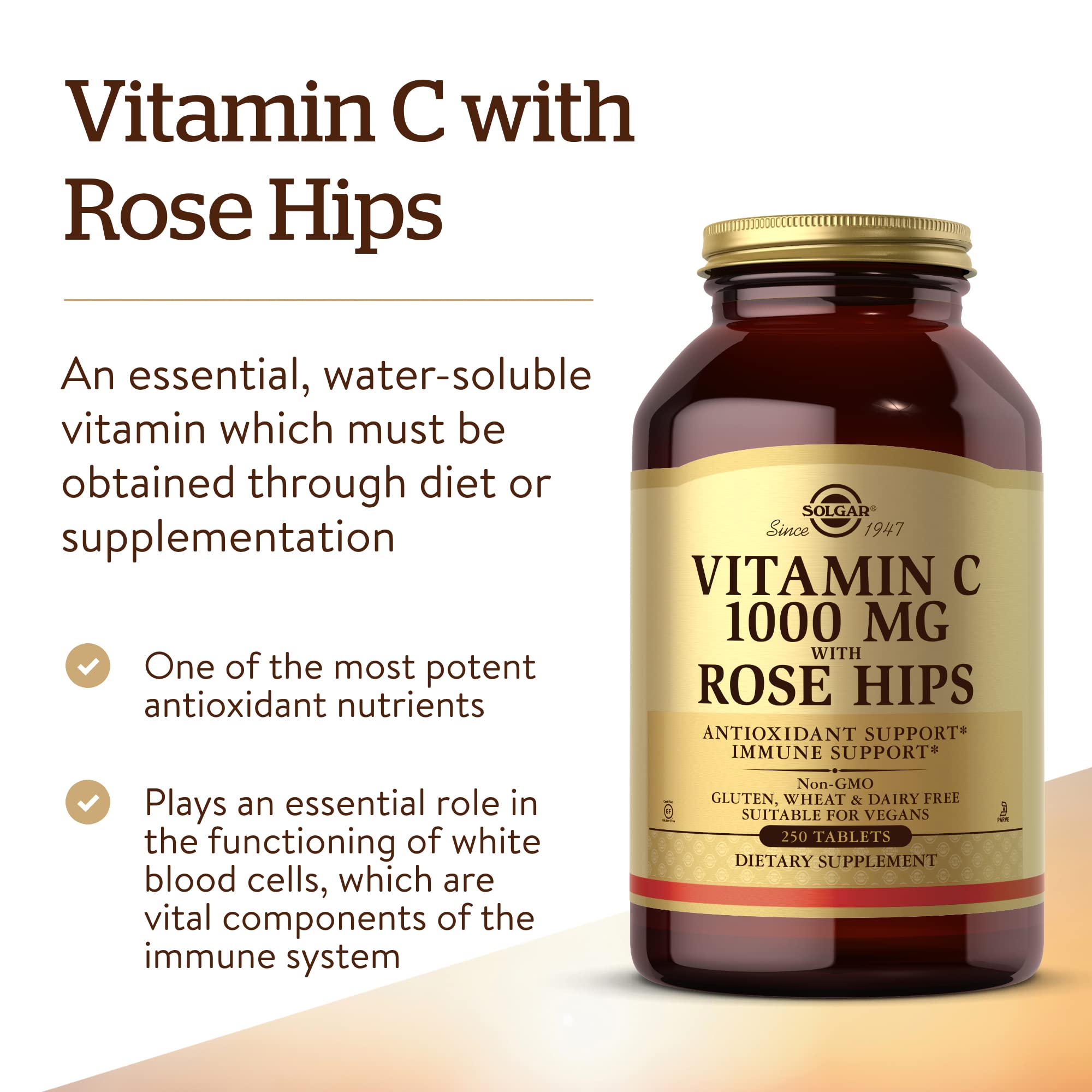 Solgar Vitamin C 1000 mg with Rose Hips tablets closeup showing sturdy tablets