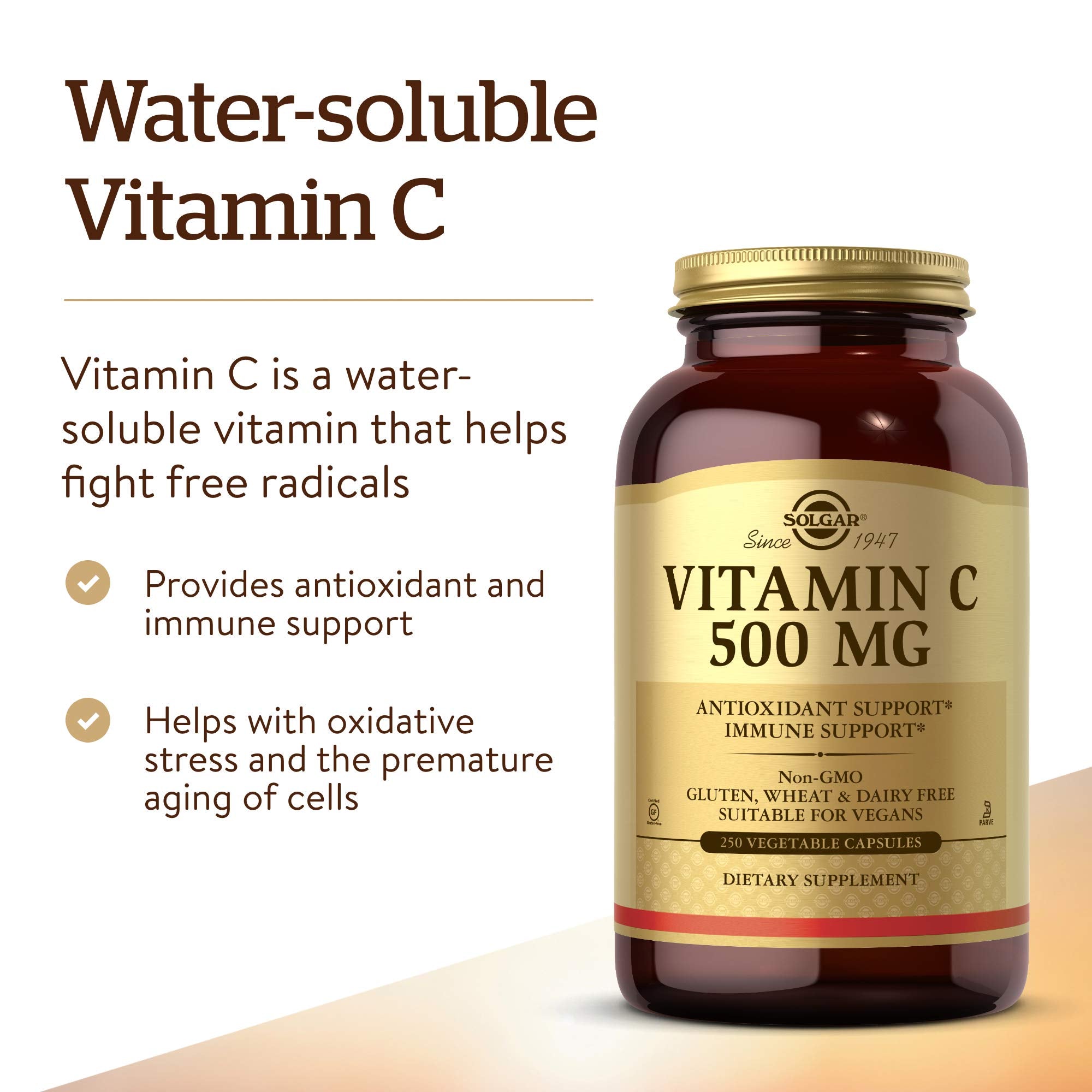 Solgar Vitamin C 500 mg bottle and label emphasize quality and heritage