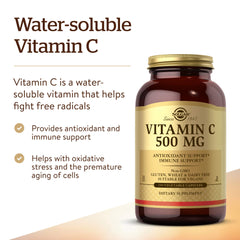 Solgar Vitamin C 500 mg bottle and label emphasize quality and heritage