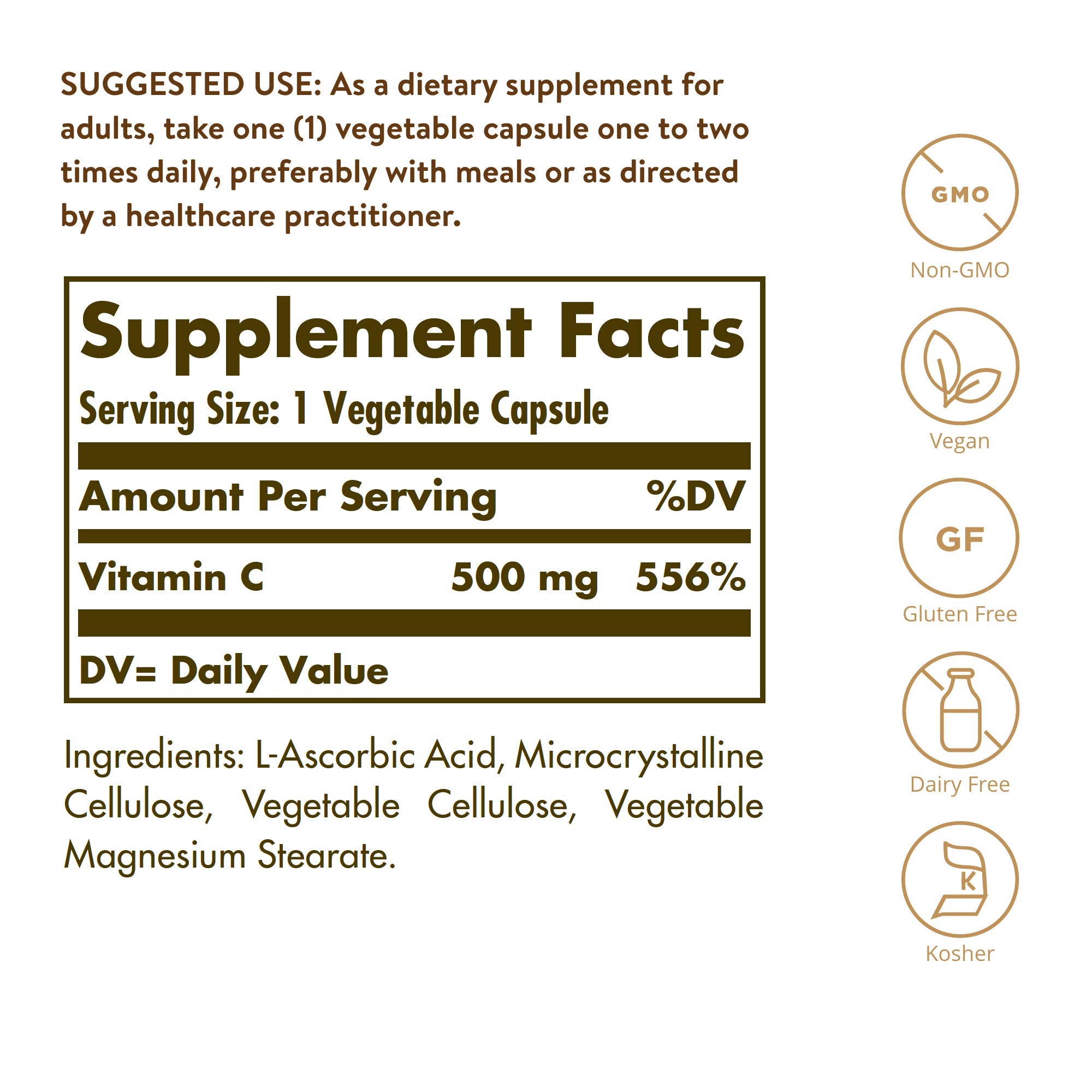 Solgar Vitamin C 500 mg capsules close-up highlights vegan non-GMO capsules for daily intake