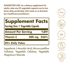 Solgar Vitamin C 500 mg capsules close-up highlights vegan non-GMO capsules for daily intake