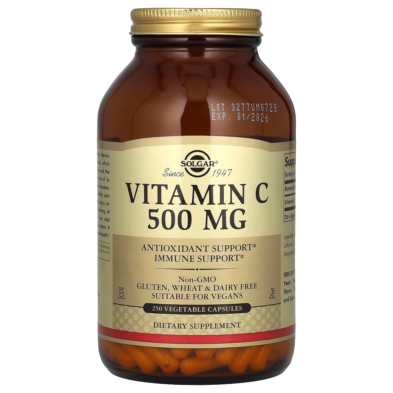 Solgar Vitamin C 500 mg veggie capsules line up on a white background
