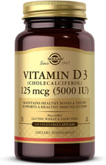 Solgar Vitamin D3 bottle front view highlighting daily bone and immune support