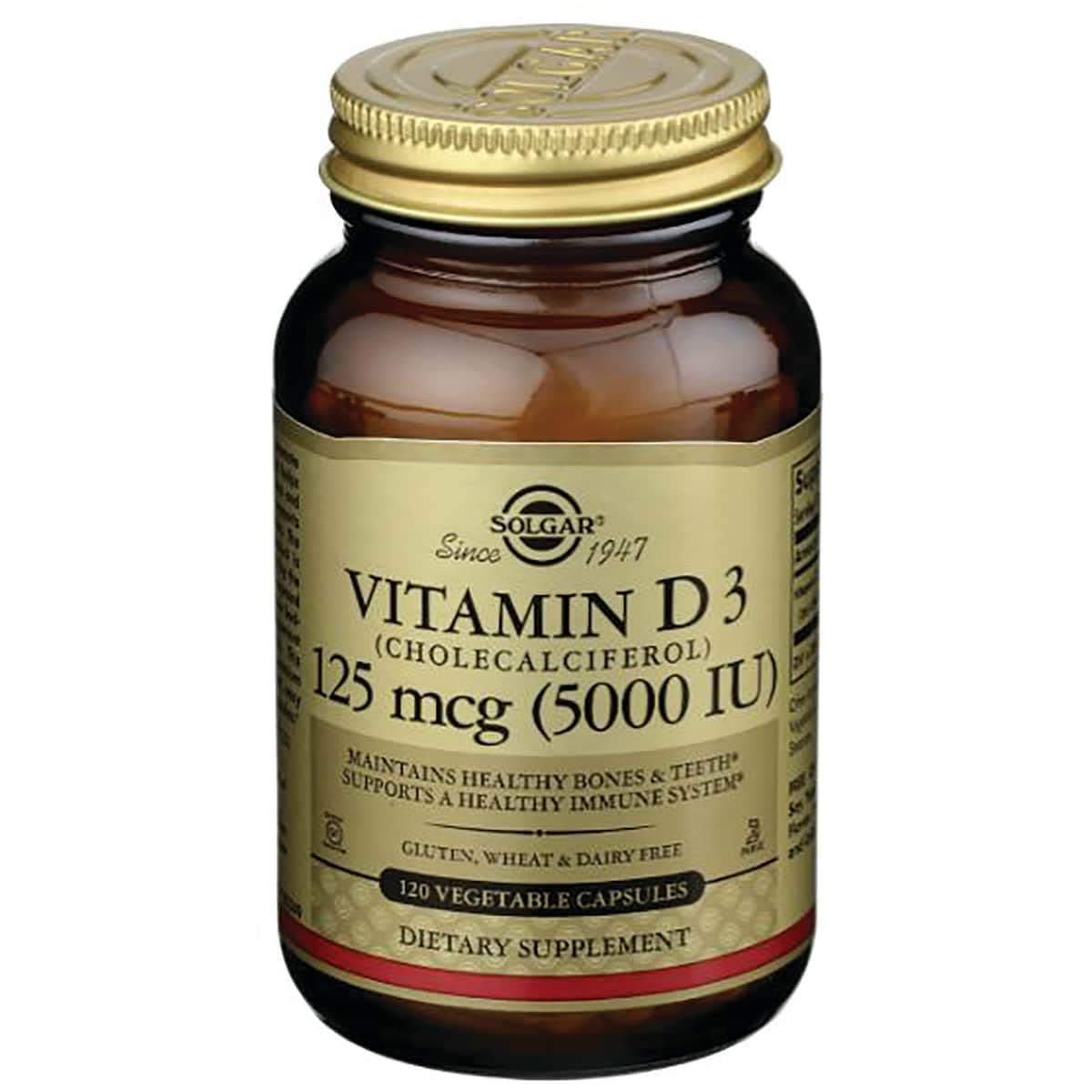 Solgar Vitamin D3 bottle top view shows easy-to-swallow capsules for daily use.