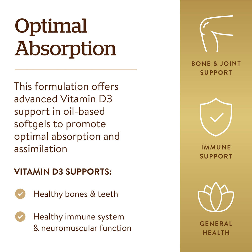 Solgar Vitamin D3 bottle highlights gluten-free and dairy-free formula.