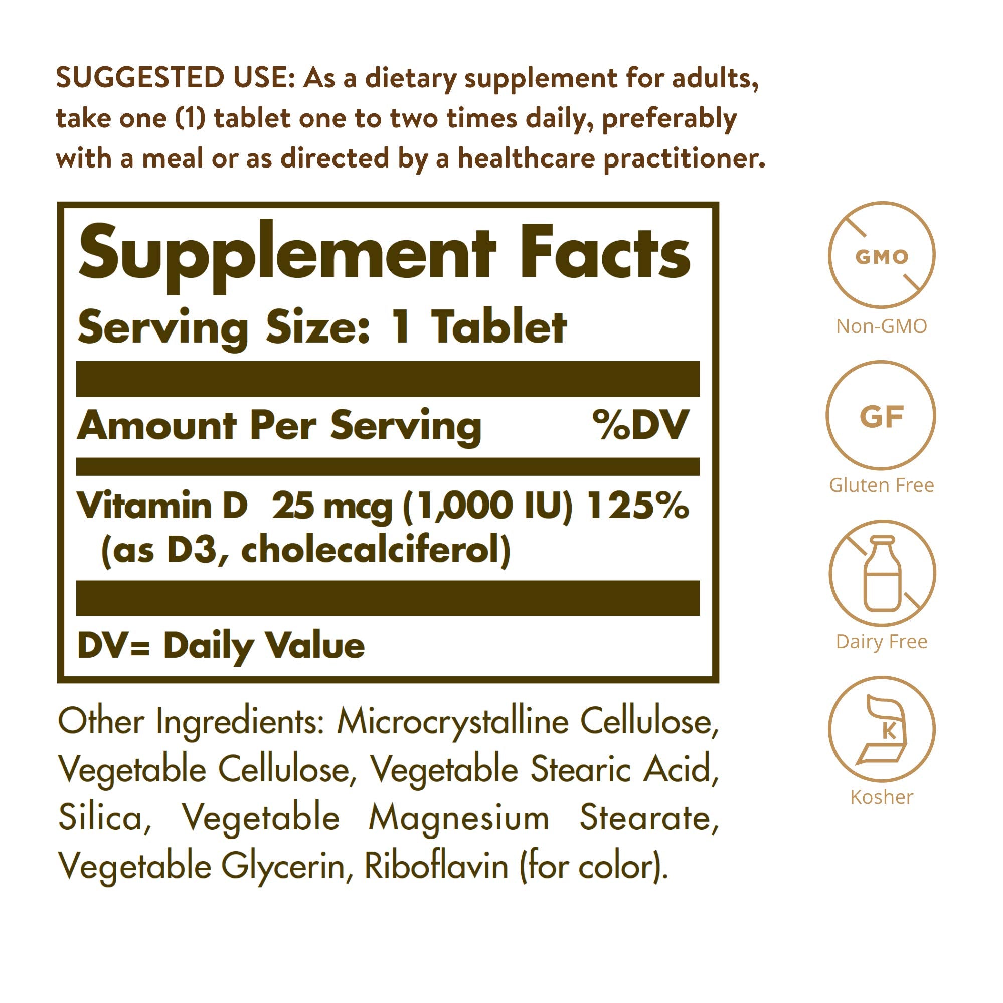 Solgar Vitamin D3 label close-up showing non-GMO and gluten-free formulation.