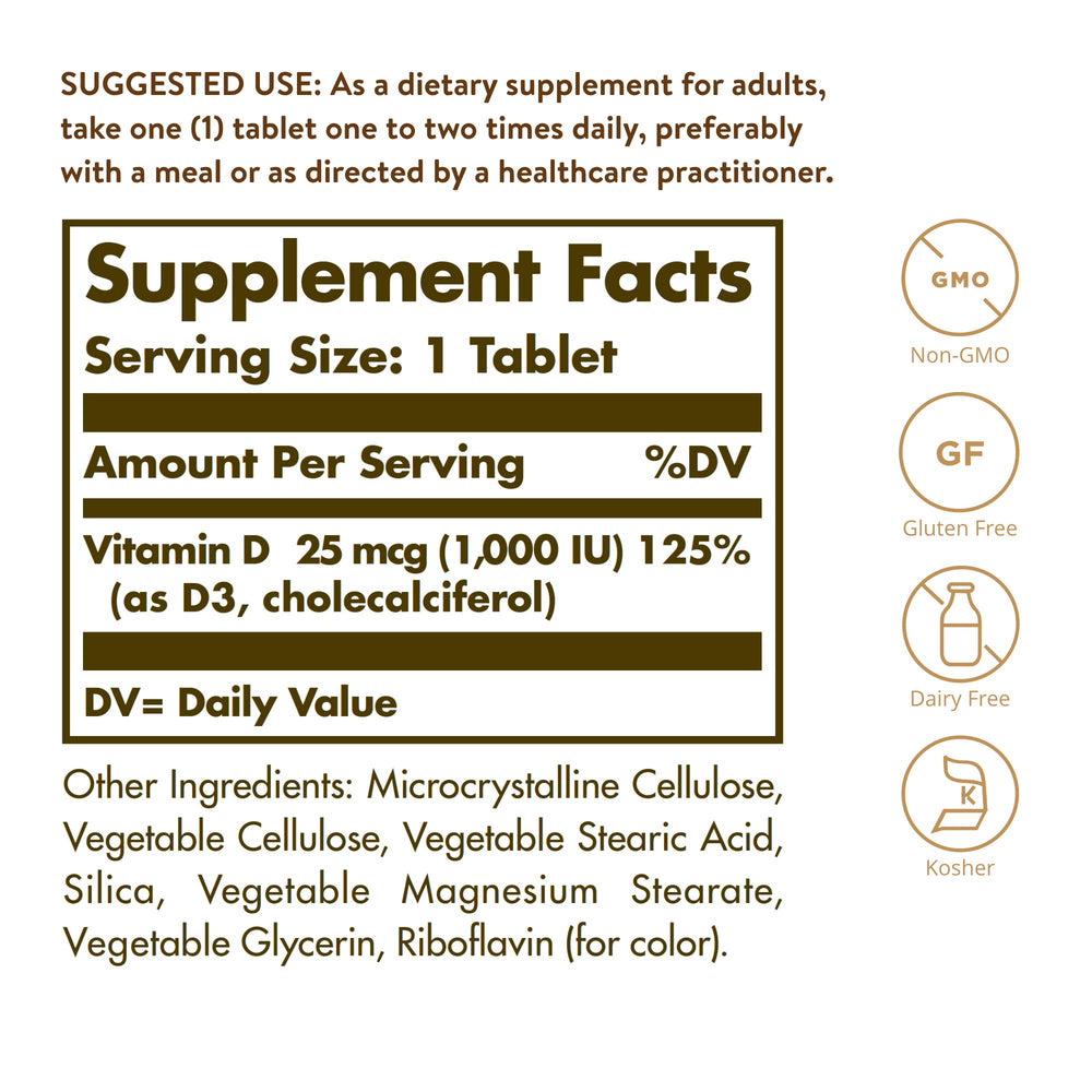 Solgar Vitamin D3 label close-up showing non-GMO and gluten-free formulation.